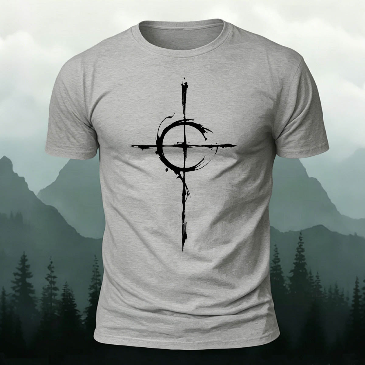Cross-Pattern Ink Wash Print  Cotton T-shirt