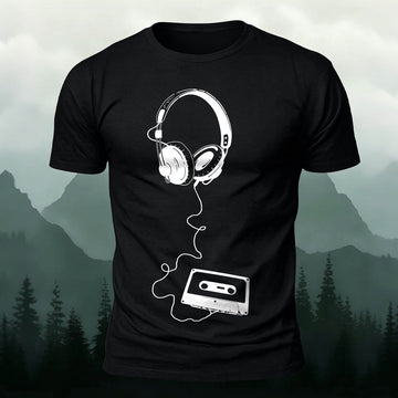 Vintage Headphones Music Print Cotton T-Shirt