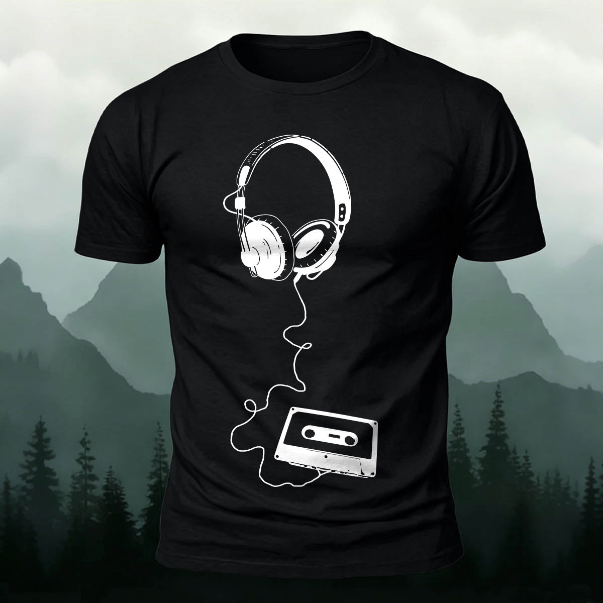 Vintage Headphones Music Print Cotton T-Shirt