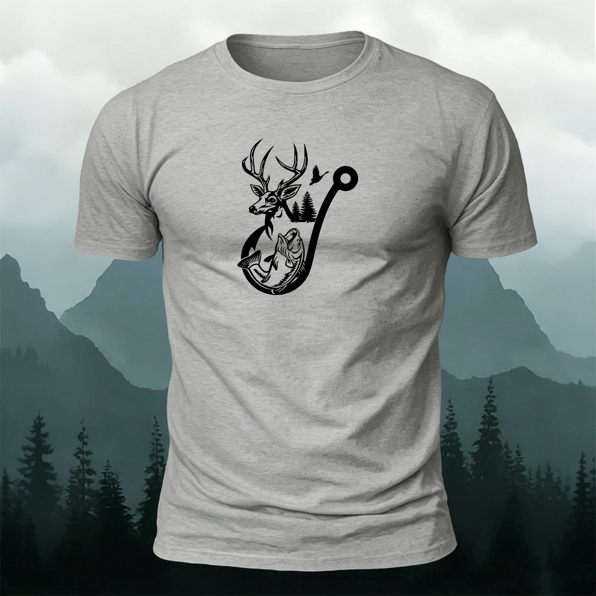Deer Head Silhouette Print  Round-Neck Cotton T-Shirt