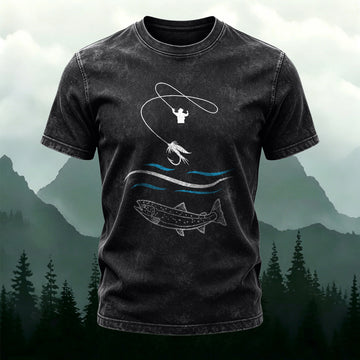 Fishing Pattern Natural Style Ultra-soft Fabric T-Shirt  Black
