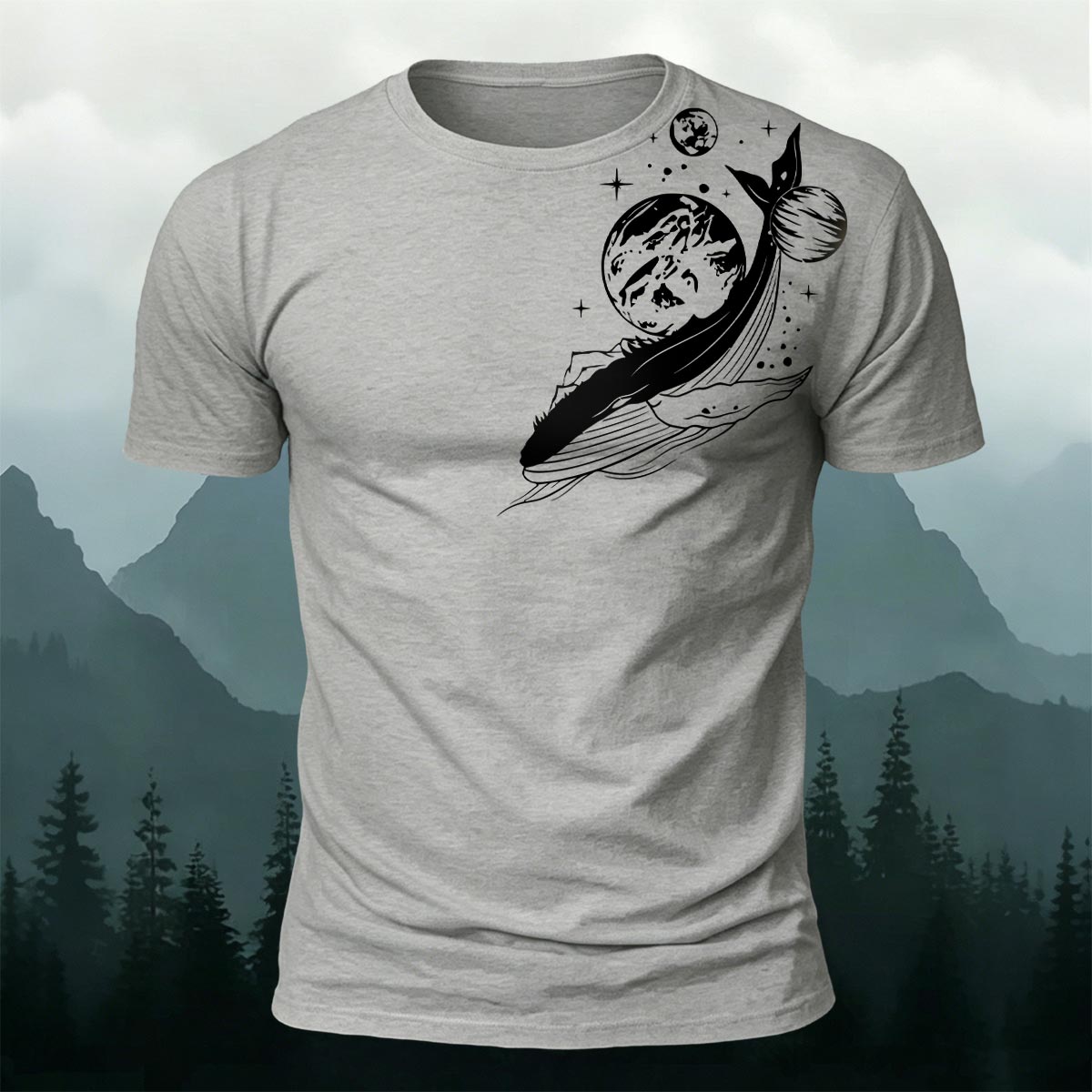 Whale and Space Print Casual Cotton T-Shirt Grey