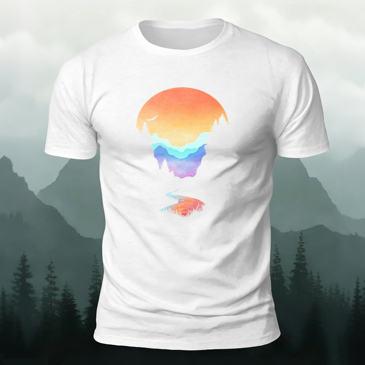 Sunset Scenery Printed Natural Style Skin-friendly T-Shirt White