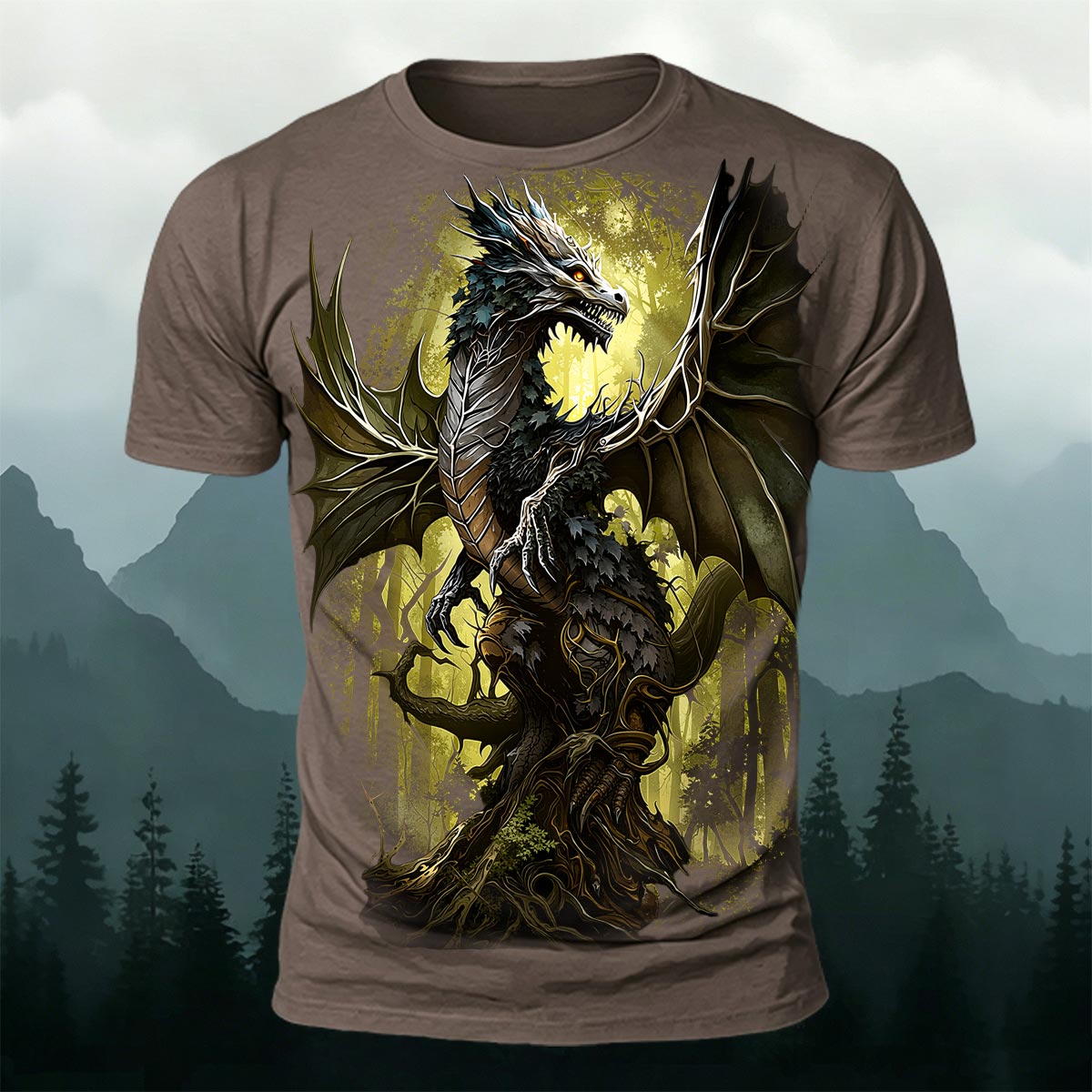Retro Forest Dragon Print Outdoor 100% Cotton T-Shirt CO