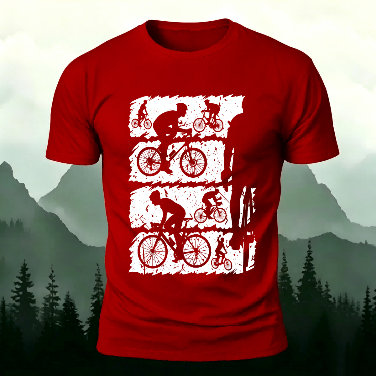 Mountain Bike Print Outdoor Style Soft Cotton T-Shirt Red