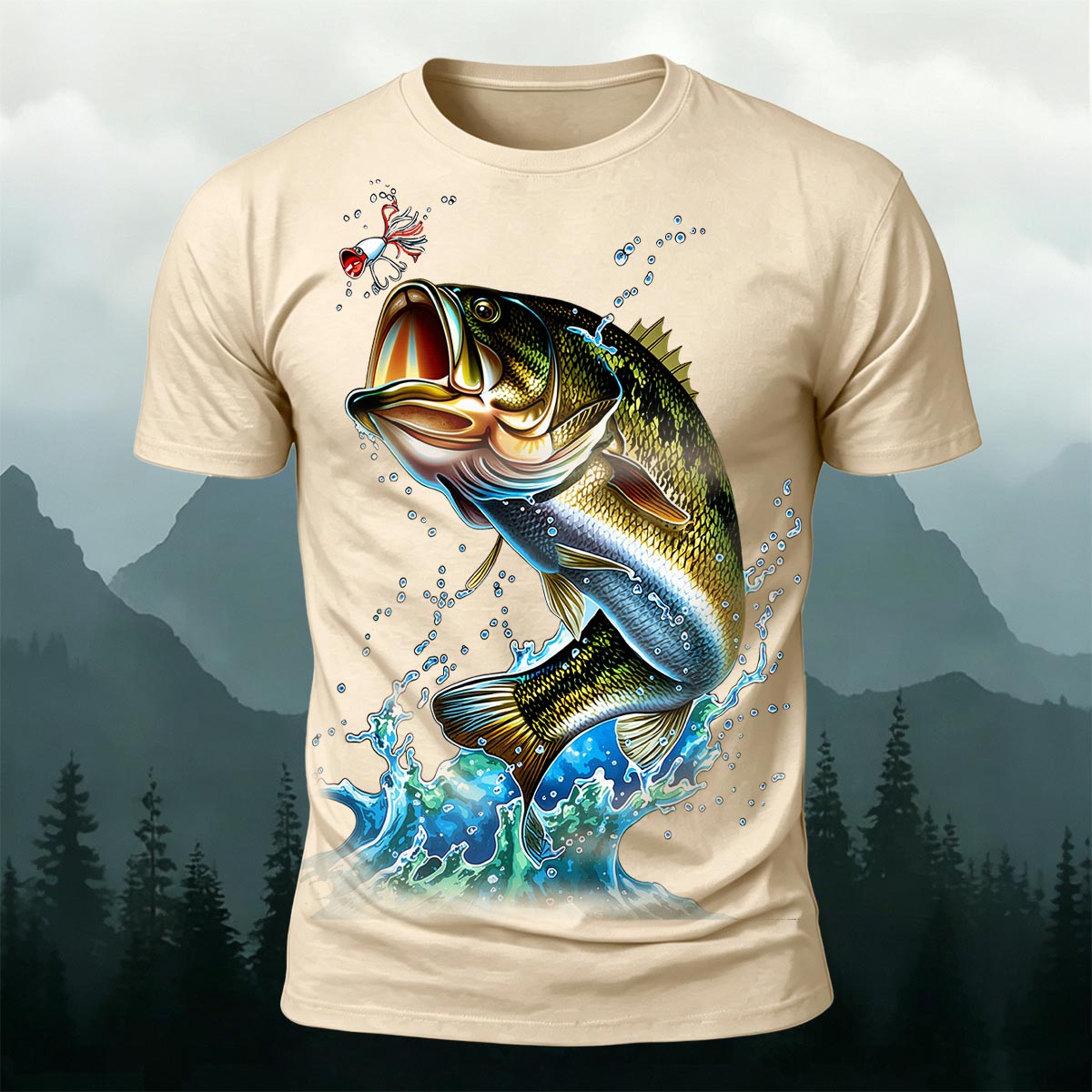 Bass Bite Bait Printed Casual Polyester T-shirt