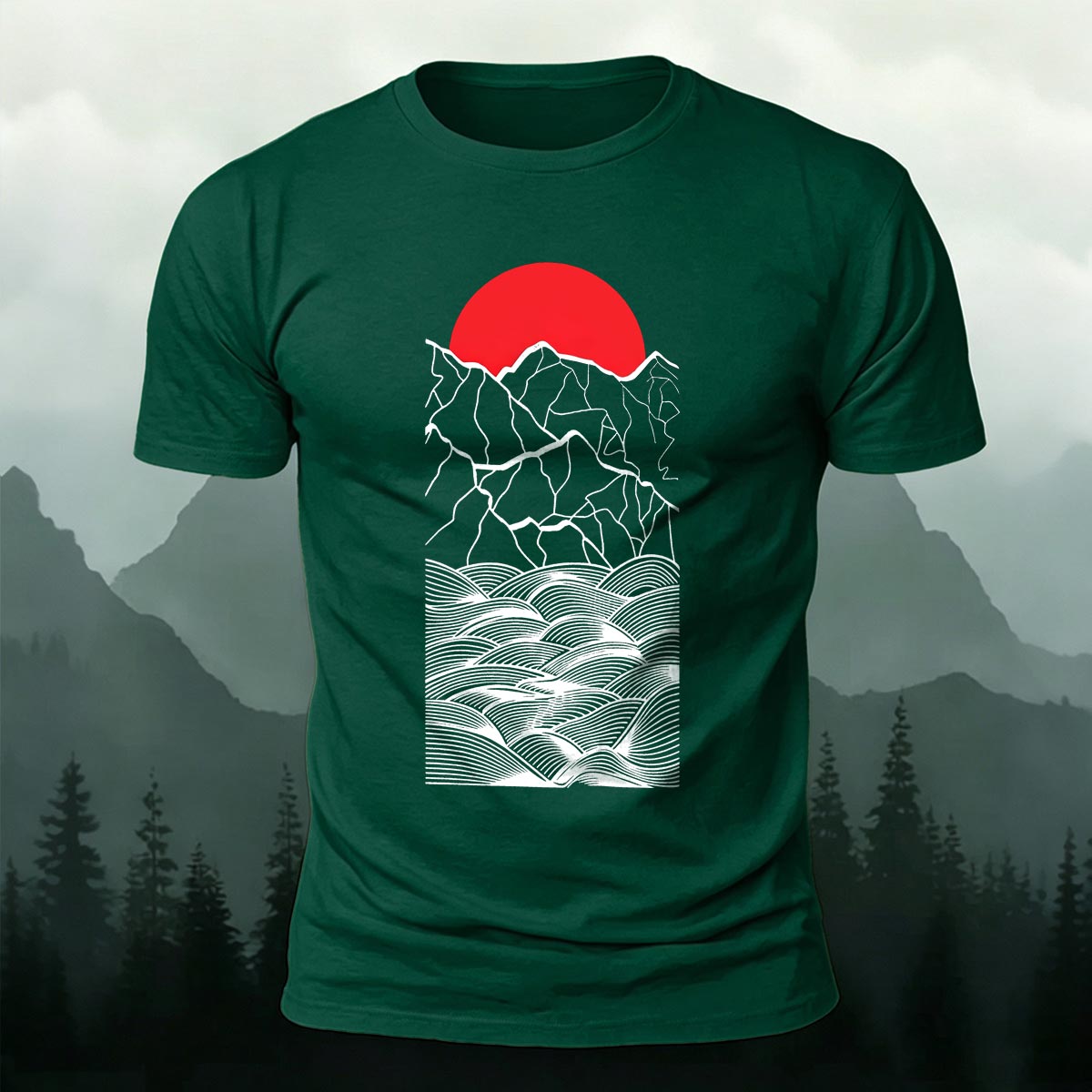 Forest Sunset Mountain Print Casual Cotton T-Shirt