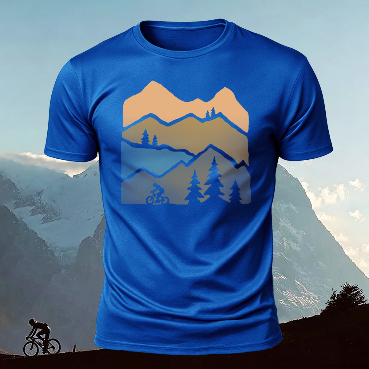 Mountain Biking Print Outdoor Casual Cotton T-Shirt Blue