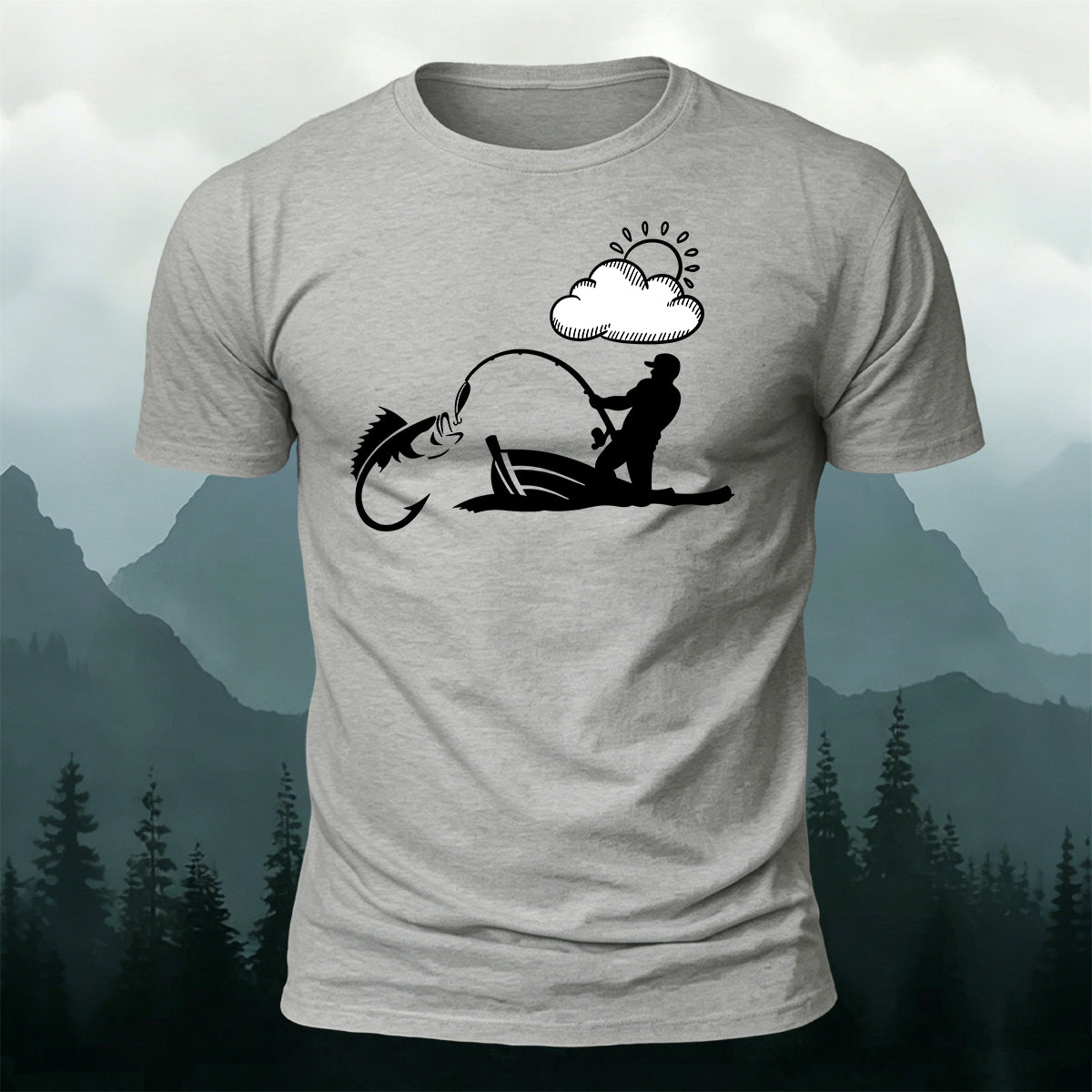 Outdoor Fishing Silhouette Print  Round-Neck Cotton T-Shirt