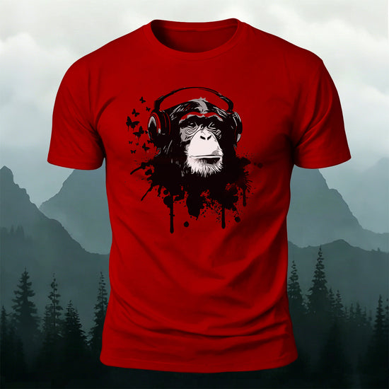 Gorilla Headphones Print Casual Cotton T-Shirt Red