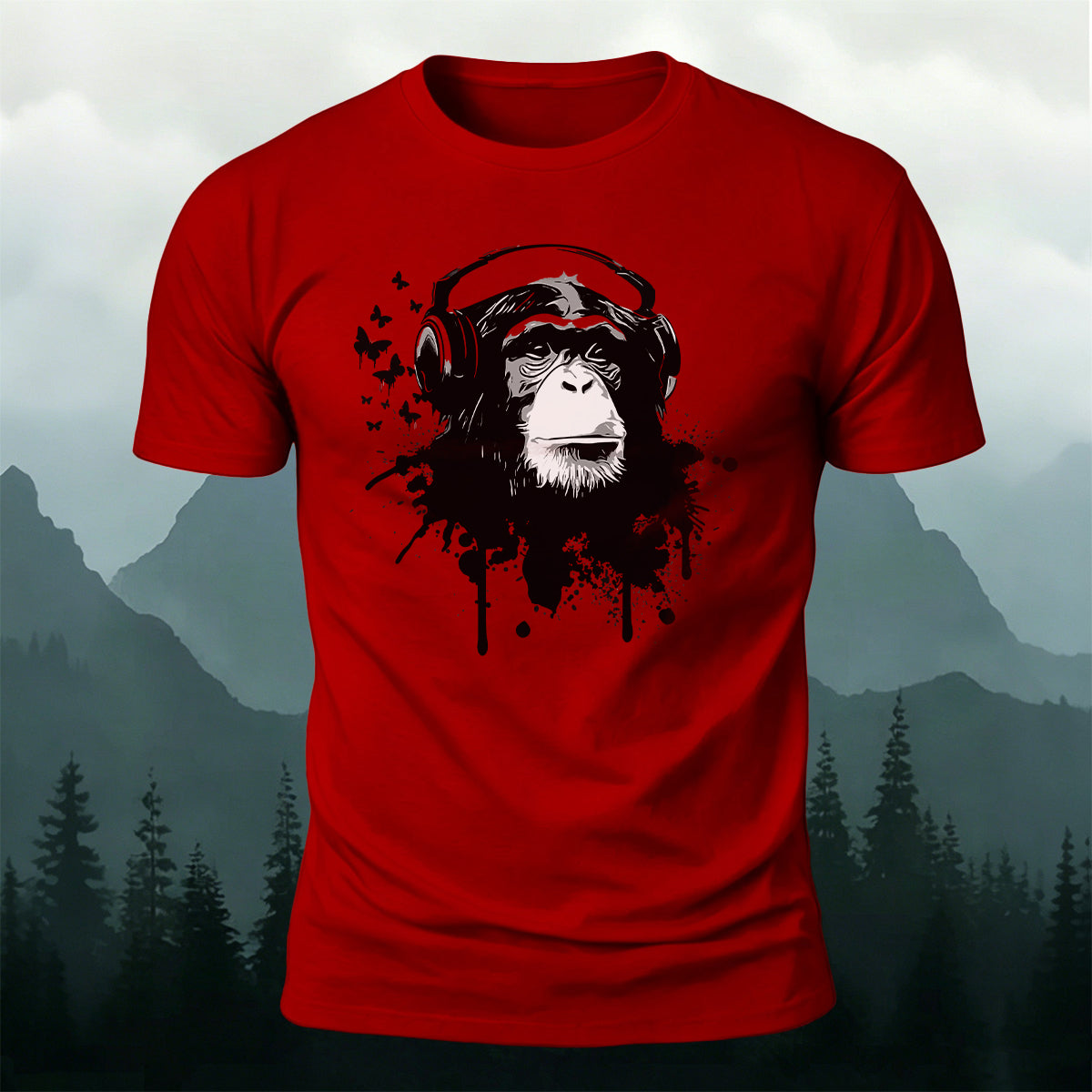 Gorilla Headphones Print Casual Cotton T-Shirt Red