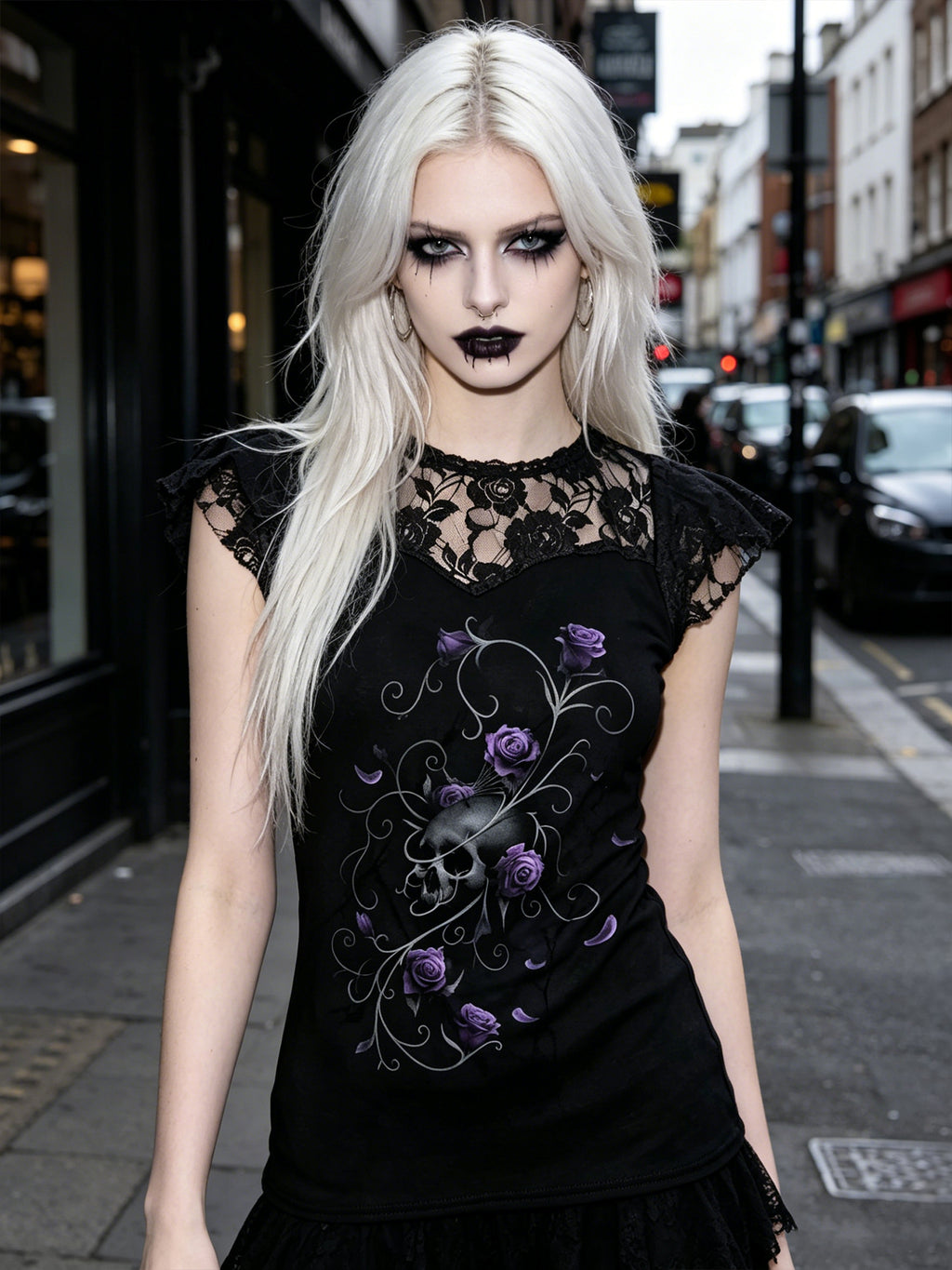 Dark Gothic Print Lace Fashion Women's Top