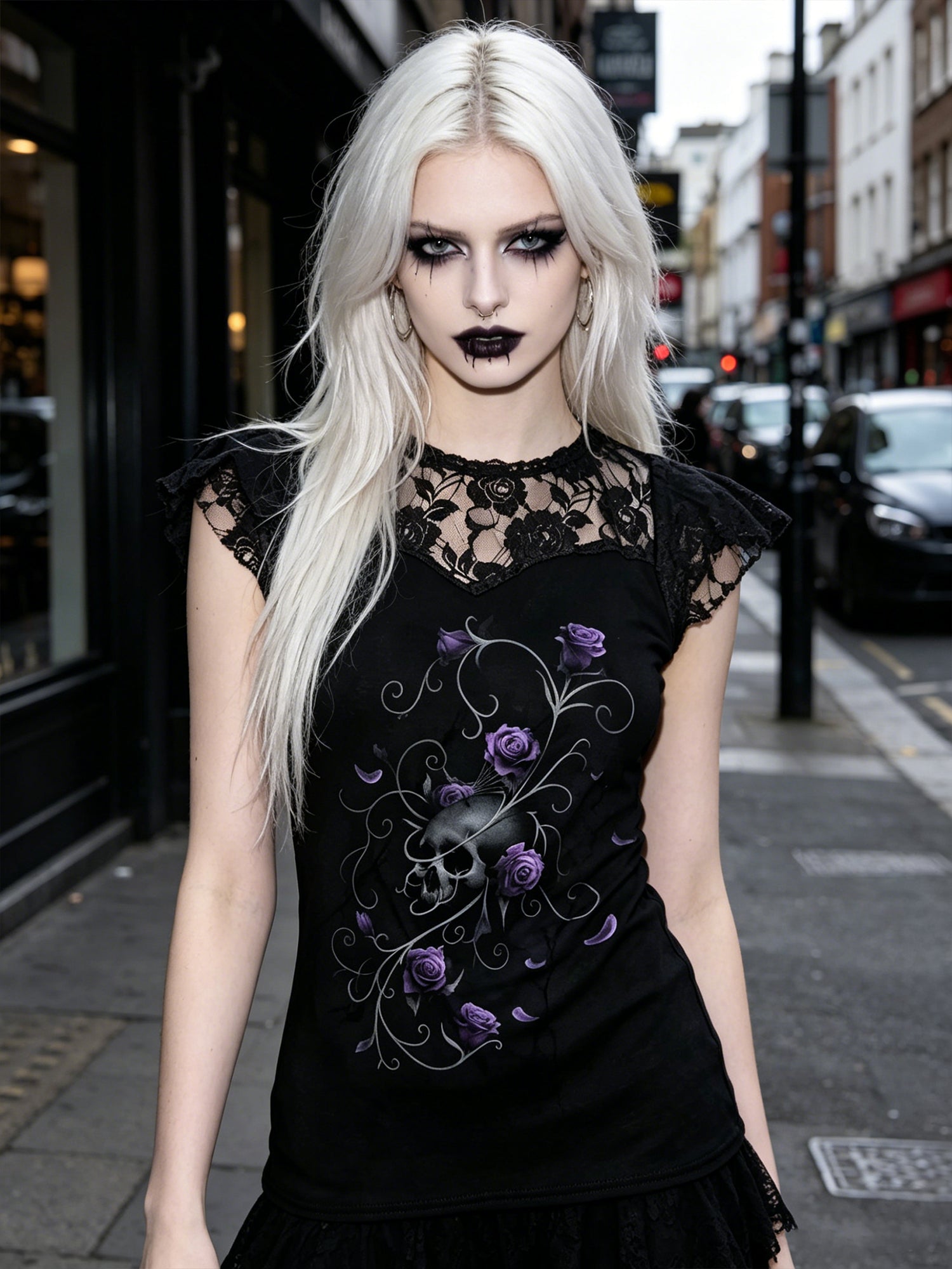 Dark Gothic Print Lace Fashion Women's Top