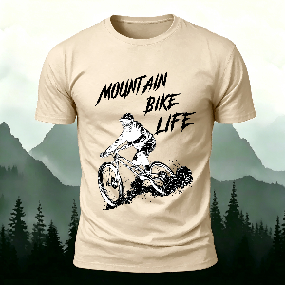 Mountain Biking Print Breathable Material T-Shirt Beige
