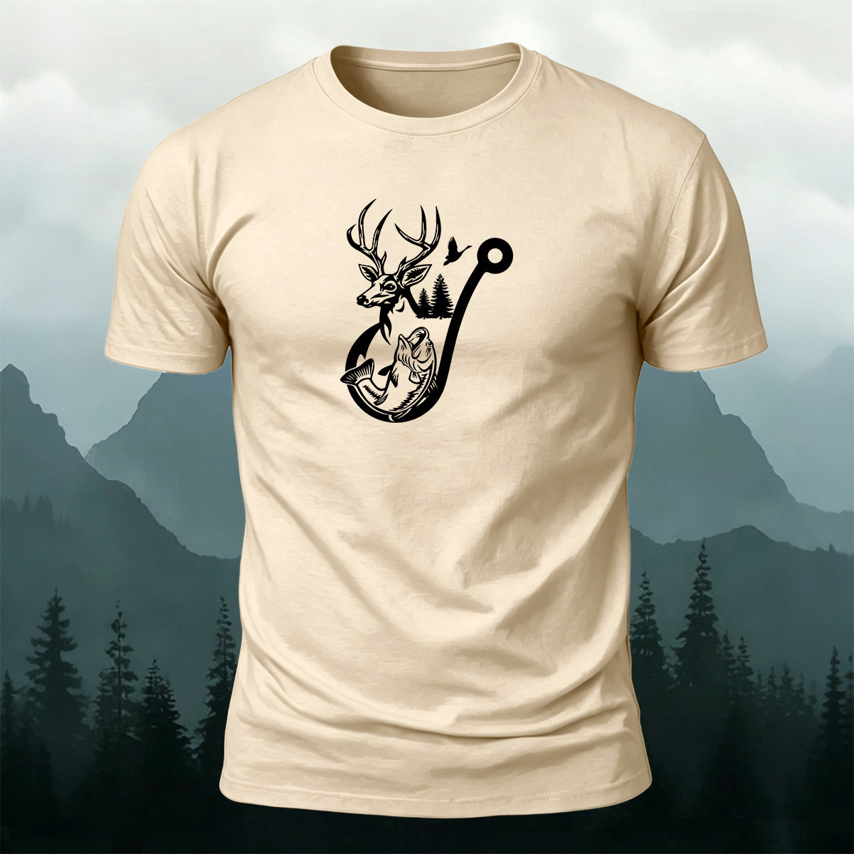 Deer Head Silhouette Print  Round-Neck Cotton T-Shirt