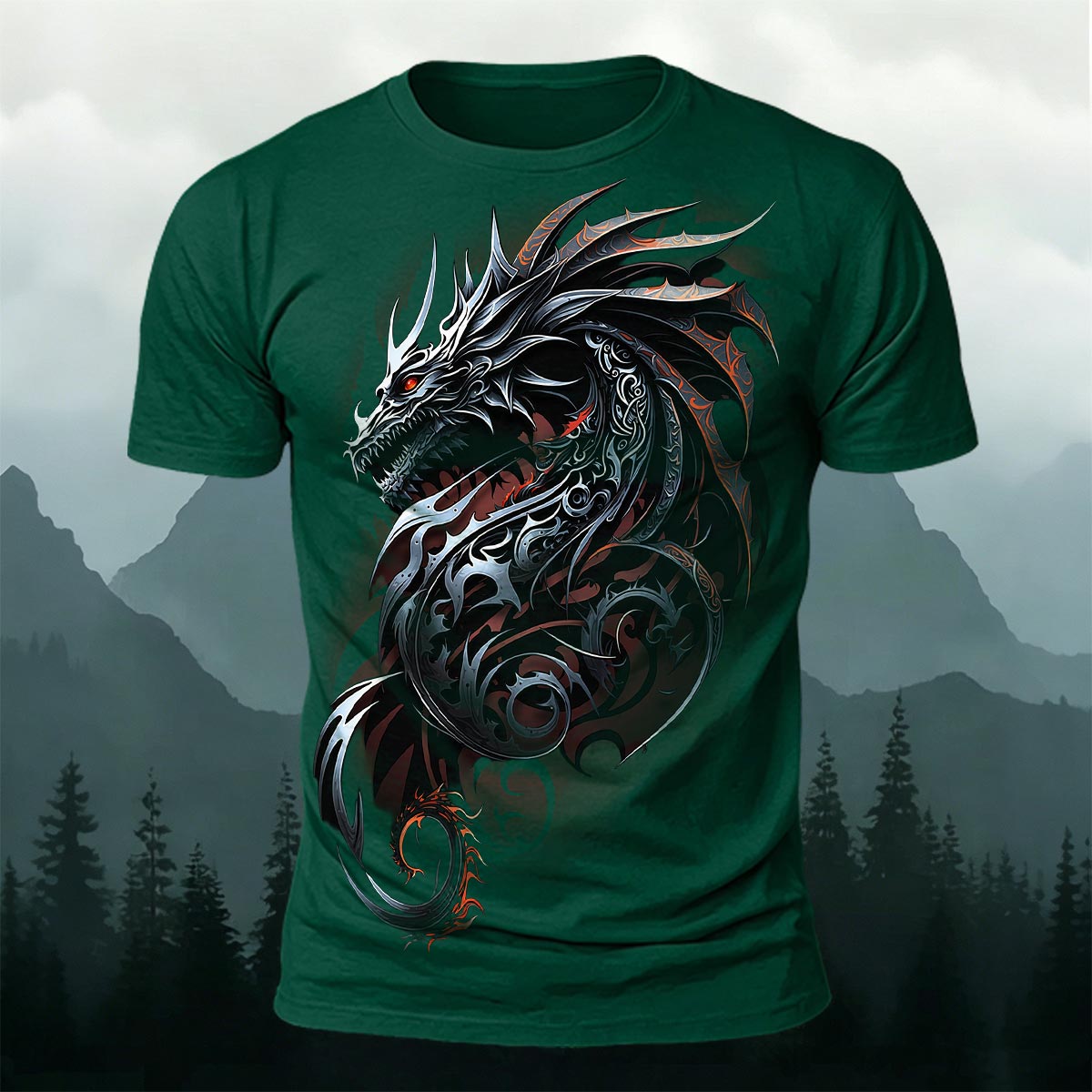 Dark Totem Dragon Print Casual Crew Neck T-Shirt