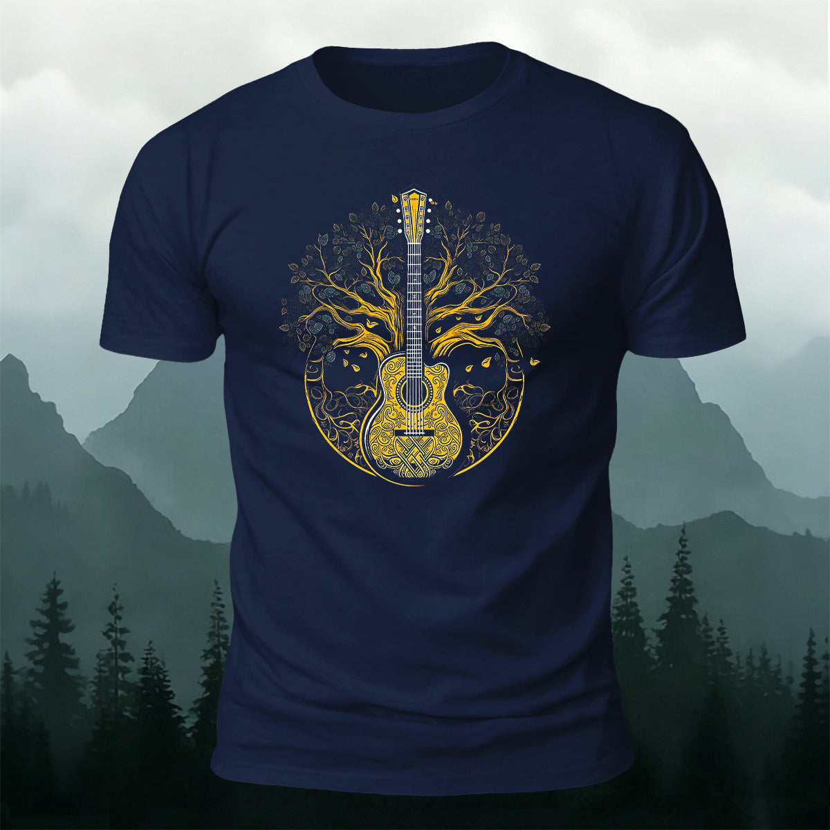 Guitar God Tree Trend-Print Casual Cotton T-Shirt