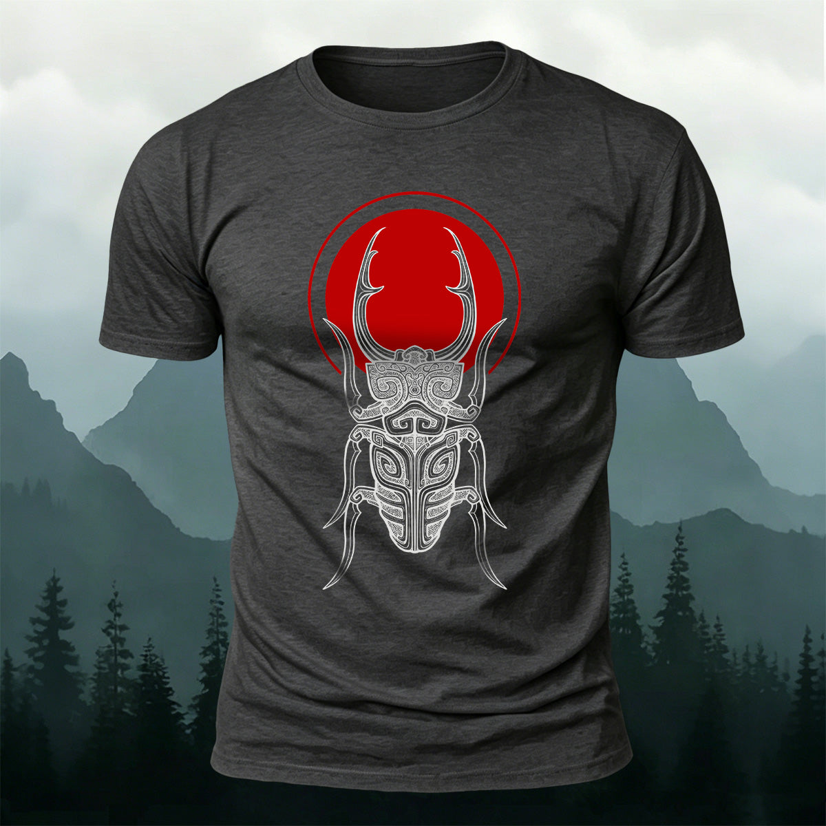 Retro Sketched Beetle Print Outdoor Comfort Cotton T-Shirt