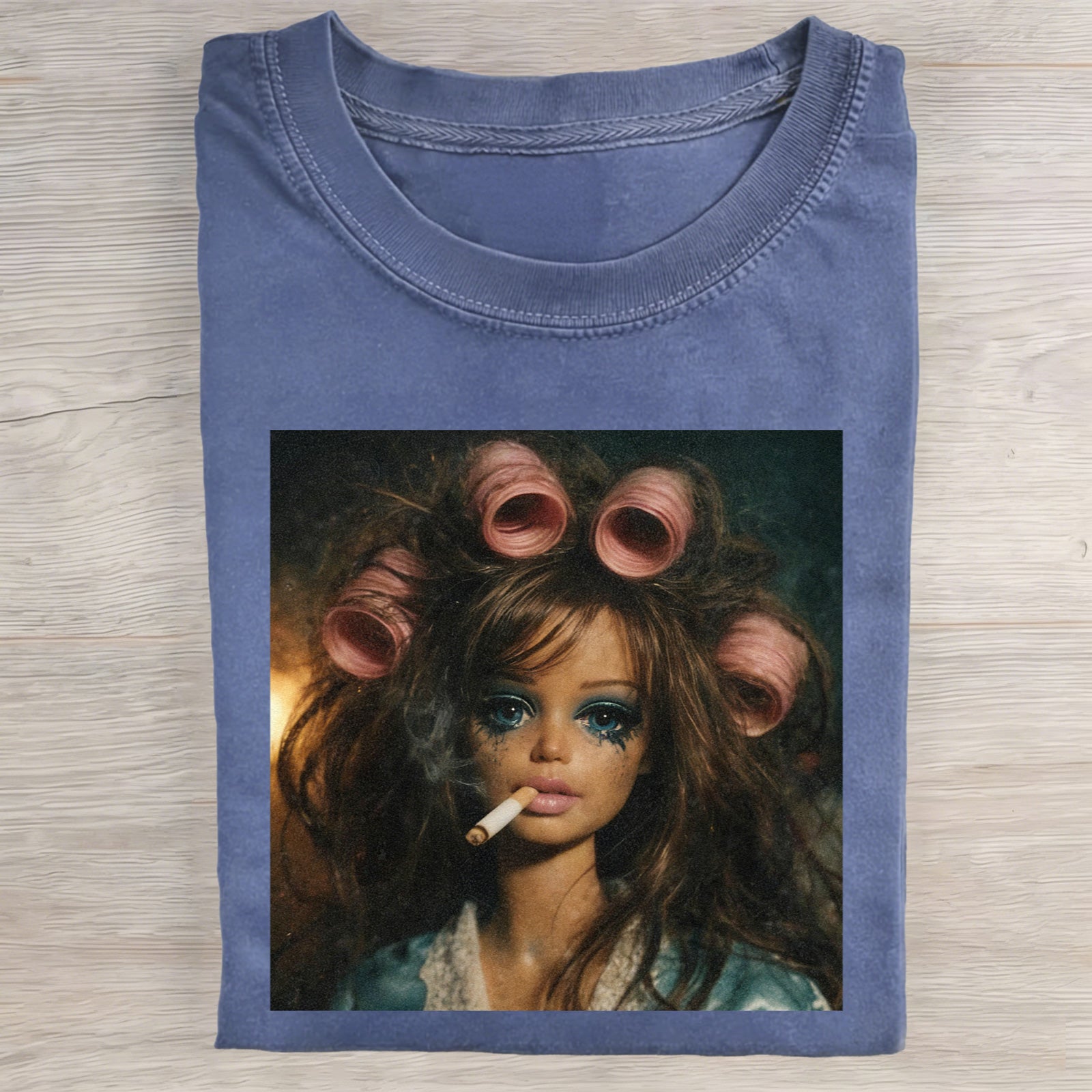 MEME Smoking Print Washed Cotton Crew Neck T-Shirt