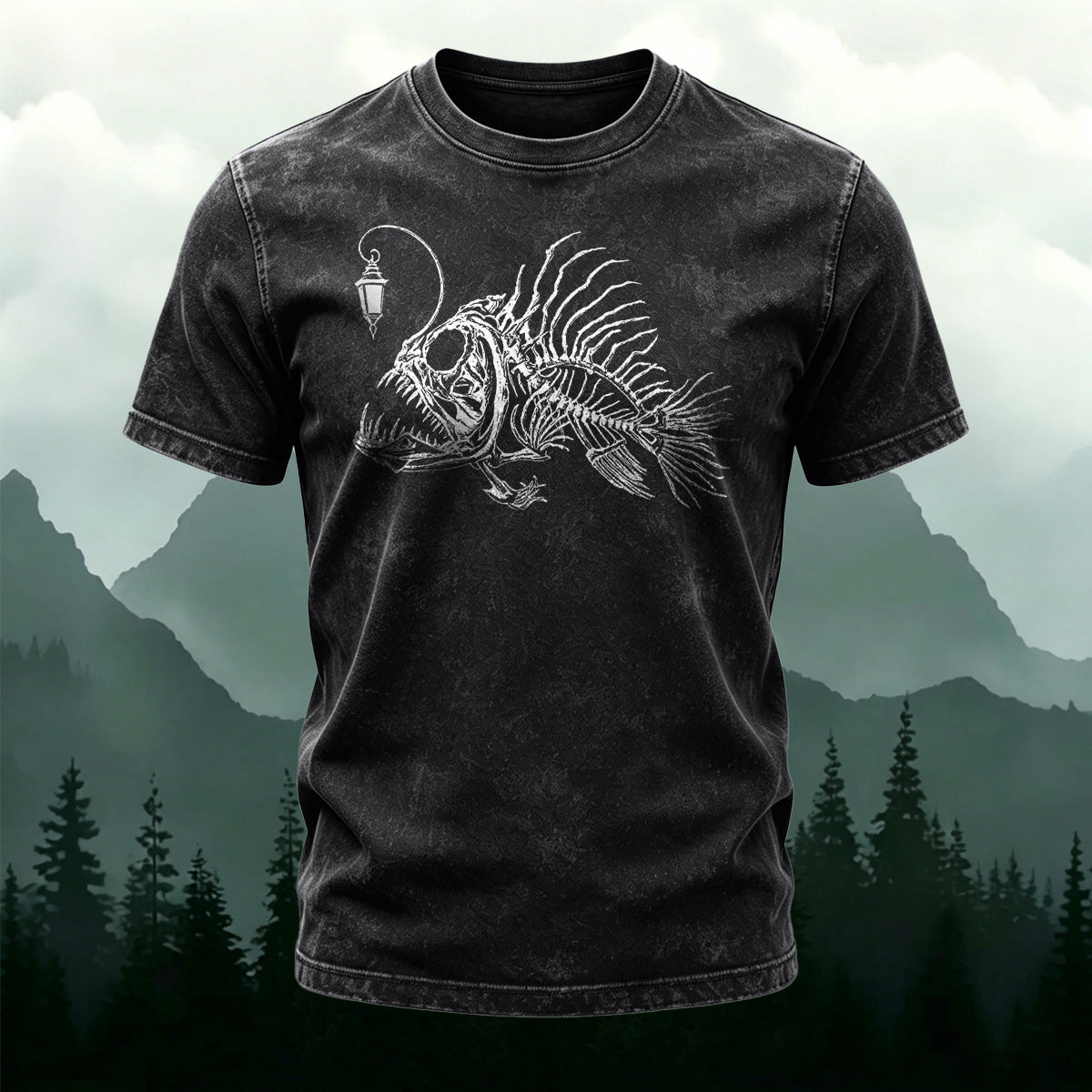 Lanternfish Pattern Streetwear Washed Cotton T-Shirt
