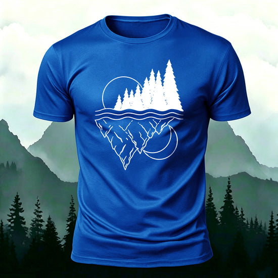 Line-drawn Landscape Pattern Soft-touch Feel T-Shirt Blue