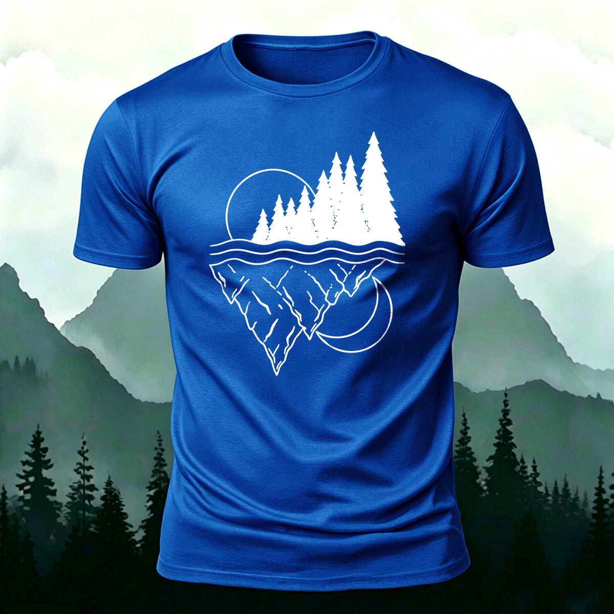Line-drawn Landscape Pattern Soft-touch Feel T-Shirt Blue