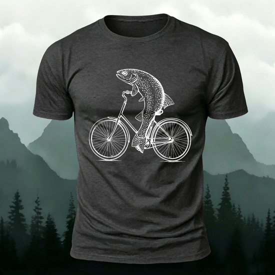 Fish Riding Bicycle Fun Pattern Cotton Casual T-Shirt Dark Grey