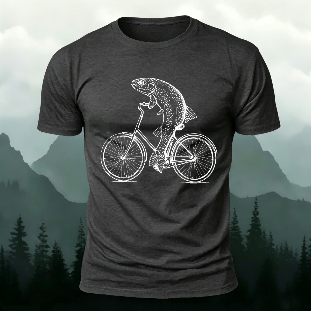 Fish Riding Bicycle Fun Pattern Cotton Casual T-Shirt Dark Grey