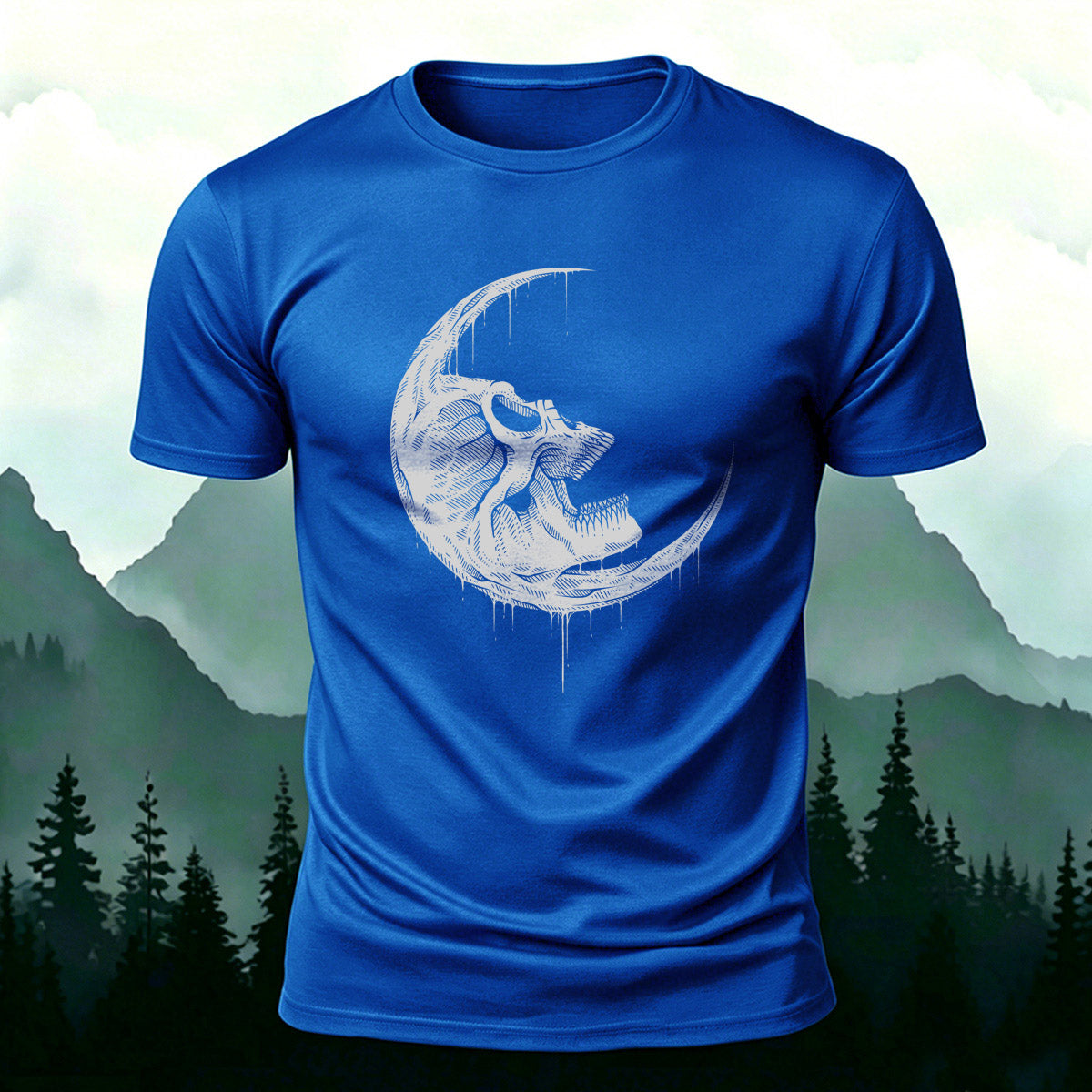 Skull Moon Graphic Trend Premium Cotton T-Shirt Blue