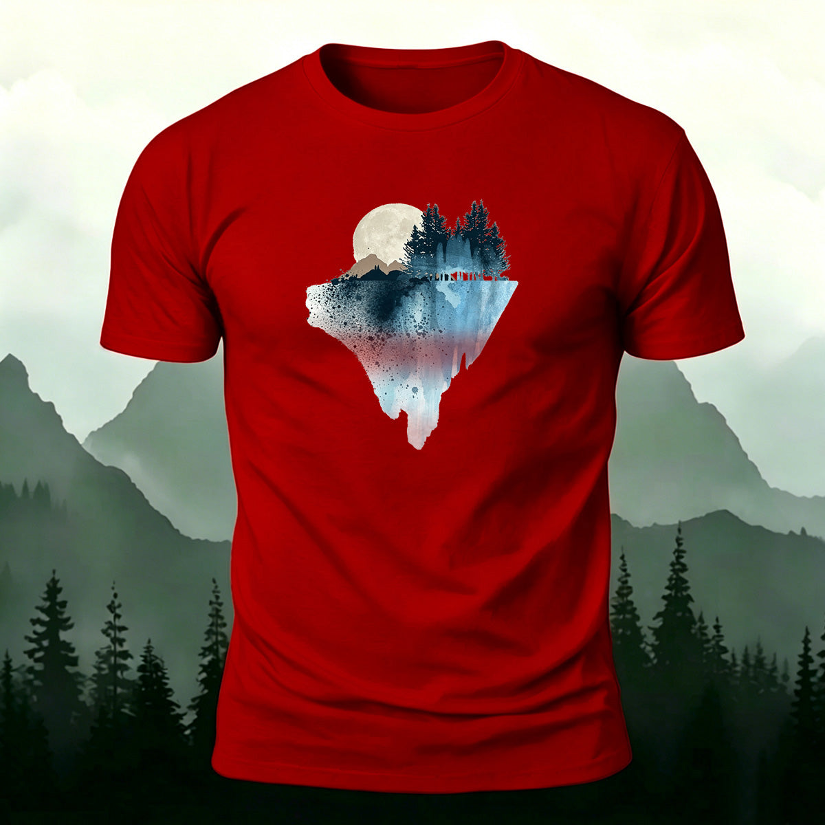 Natural Scenery Print Breathable Material Casual T-Shirt Red