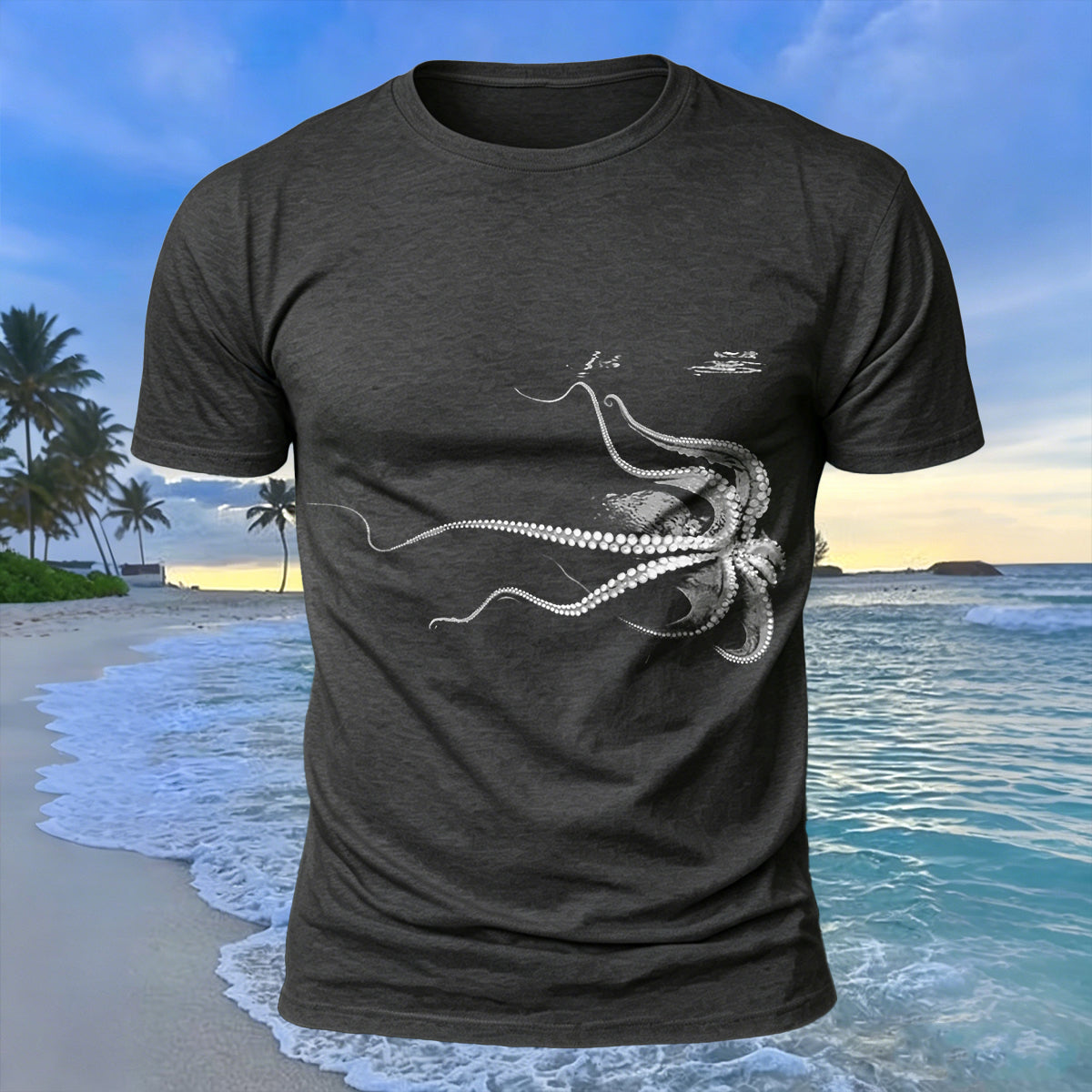 Octopus Silhouette Print Casual Cotton T-Shirt
