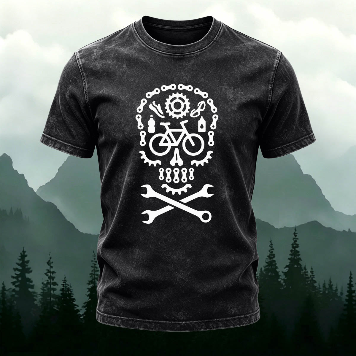 Cycling Fun Skull Casual Washed Cotton T-Shirt