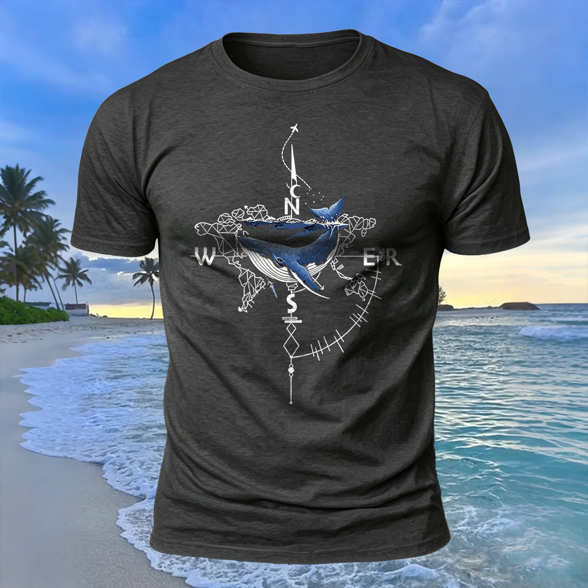 Creative Whale Compass Print 100% Cotton Soft-Touch T-Shirt