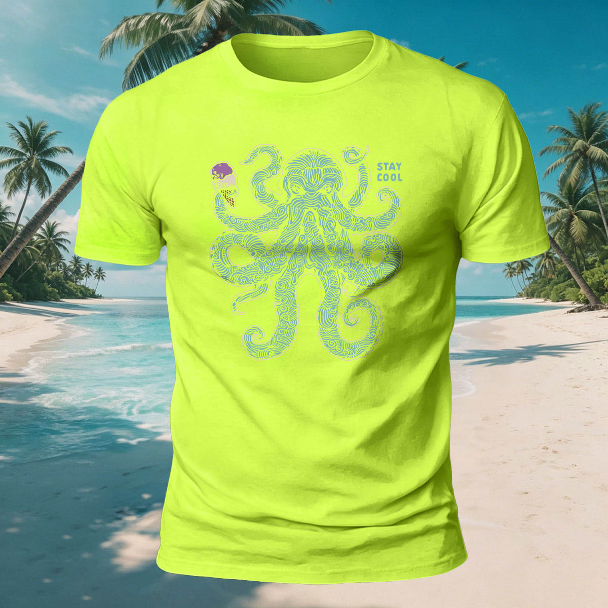 Octopus Eating Ice Cream Print Versatile Breathable Cotton Tee