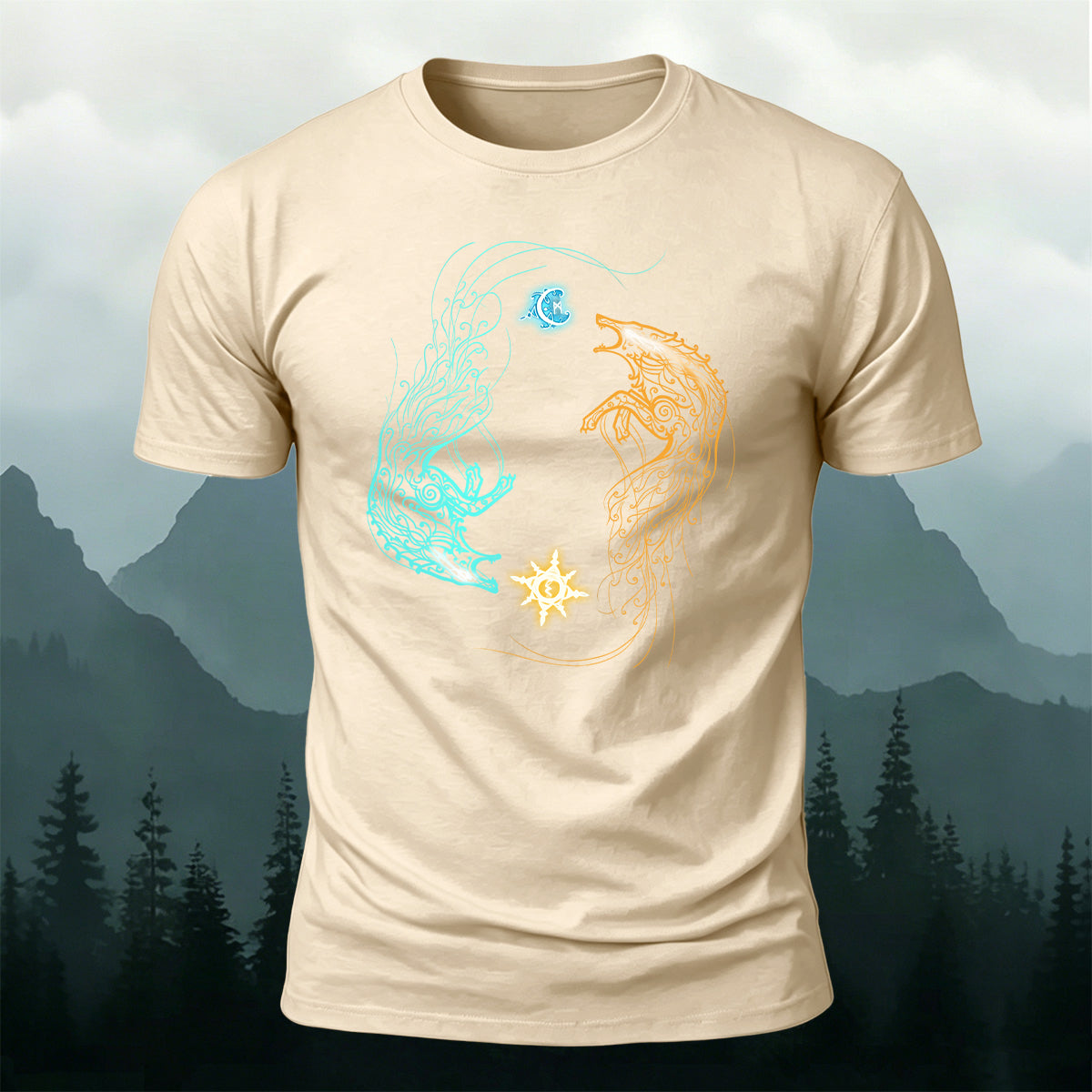 Sun and Moon Chasing Totem Print Versatile  Cotton Tee