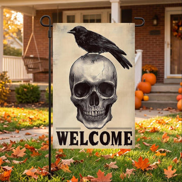 Linen Raven Skull Halloween Garden Flag