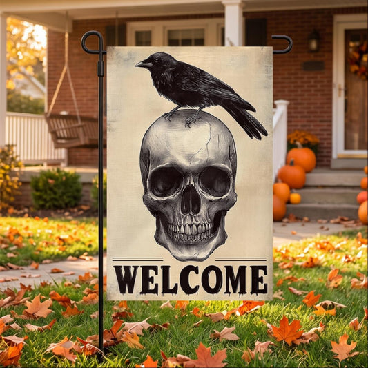 Linen Raven Skull Halloween Garden Flag