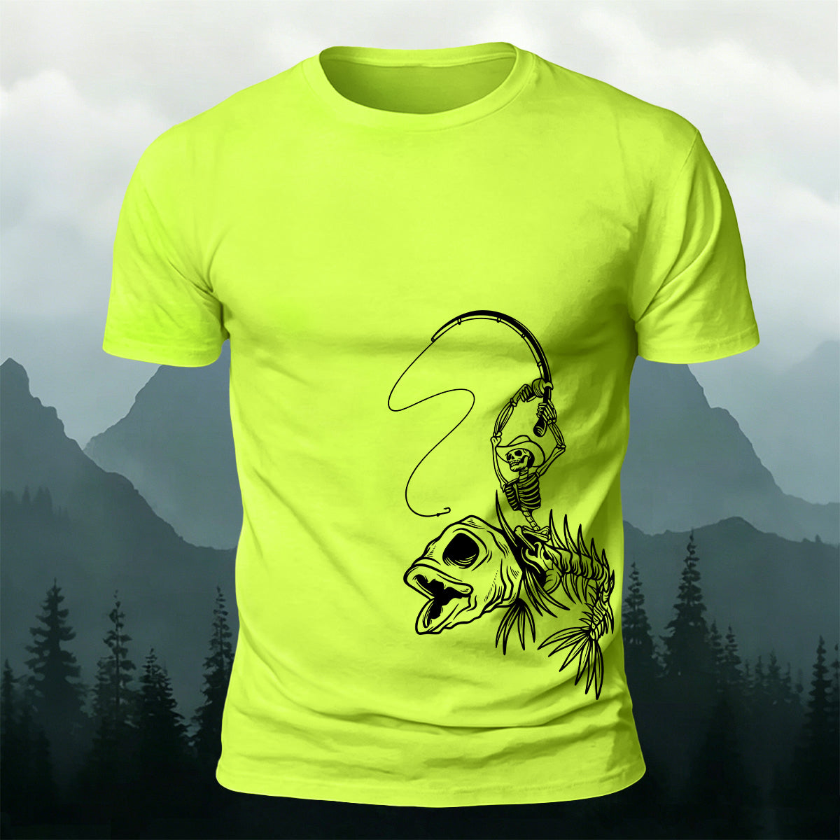 Fishbone Fishing Series Printed Round-Neck Cotton T-Shirt