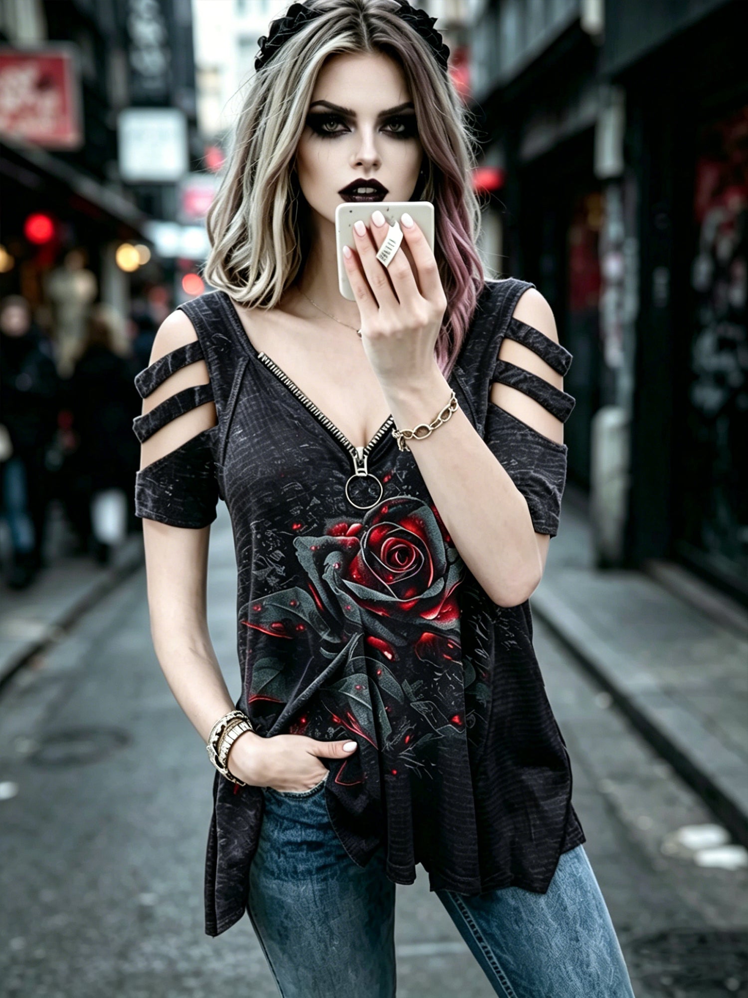 Floral Print V-Neck Zipper Women's Top