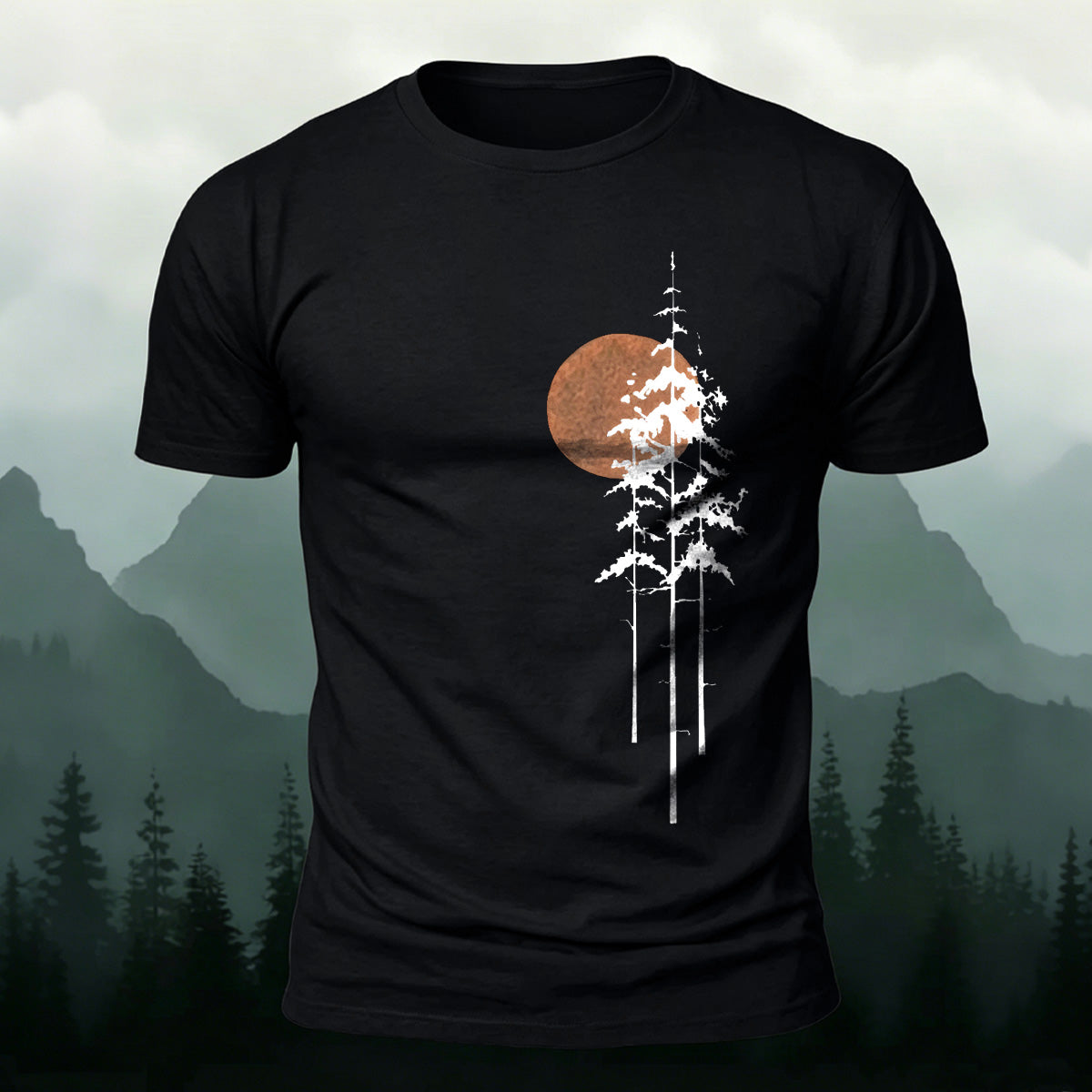 Retro Sunset Pine Tree Print Cotton T-Shirt Black