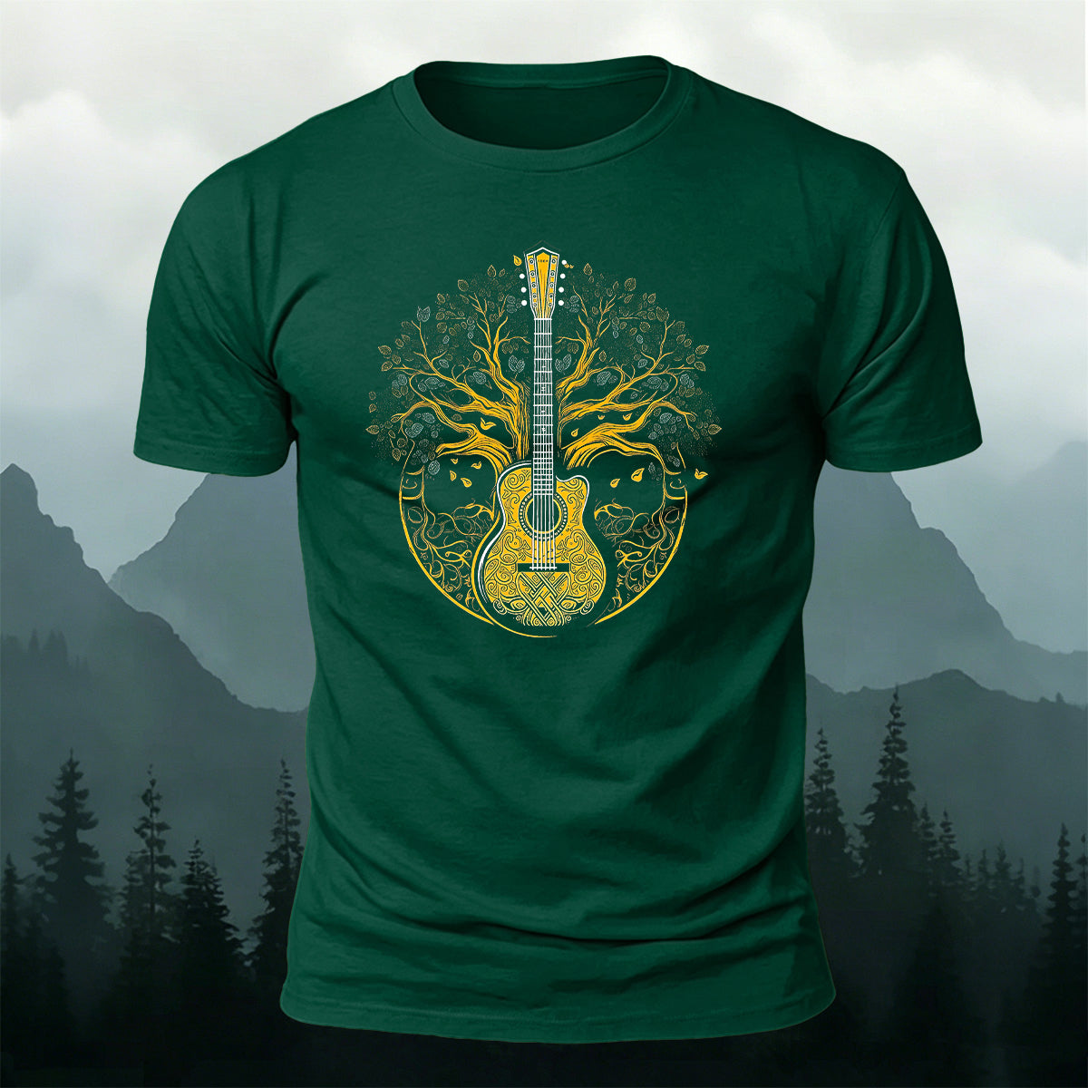 Guitar God Tree Trend-Print Casual Cotton T-Shirt