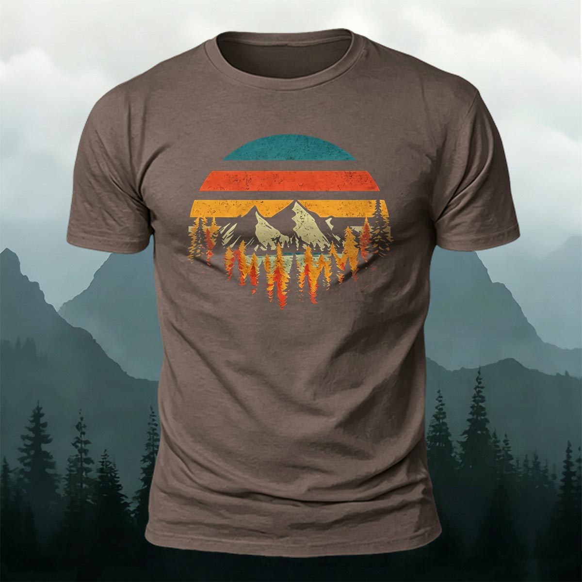 Mountain Landscape Pattern Retro Trend Cotton T-Shirt