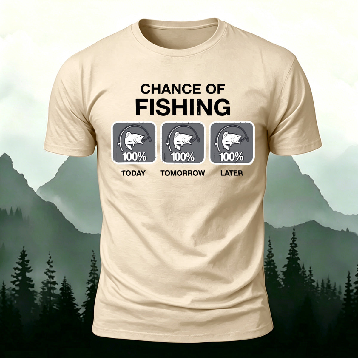 Fun Fishing Printed Casual Skin-friendly T-shirt Beige