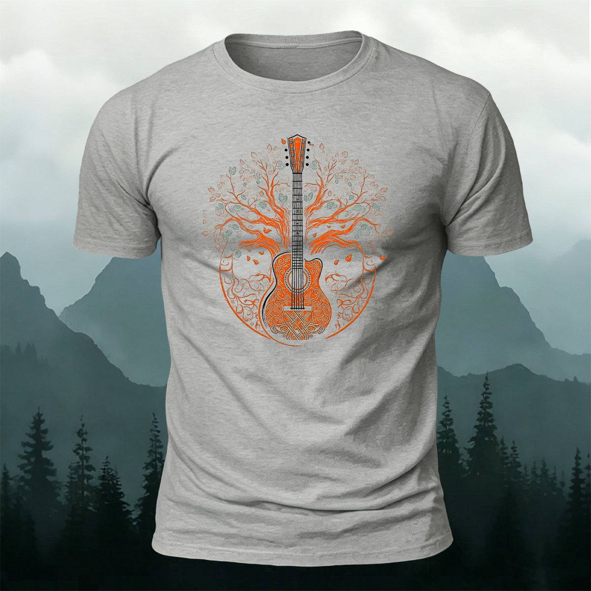 Guitar God Tree Trend-Print Casual Cotton T-Shirt