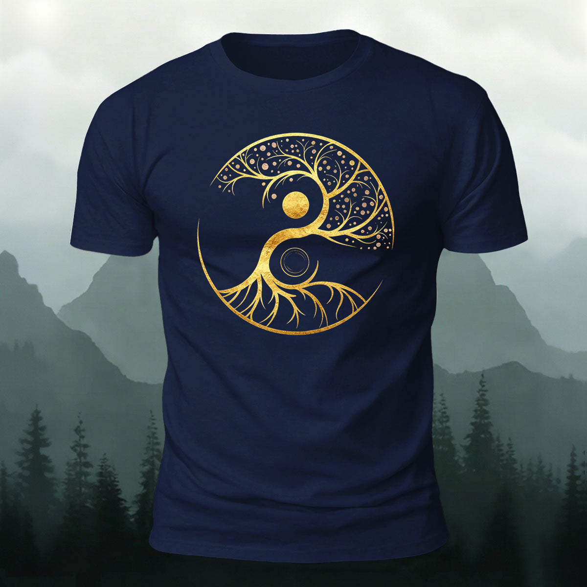 Artistic Graphics Pattern Mountain-Style Cotton T-Shirt Navy