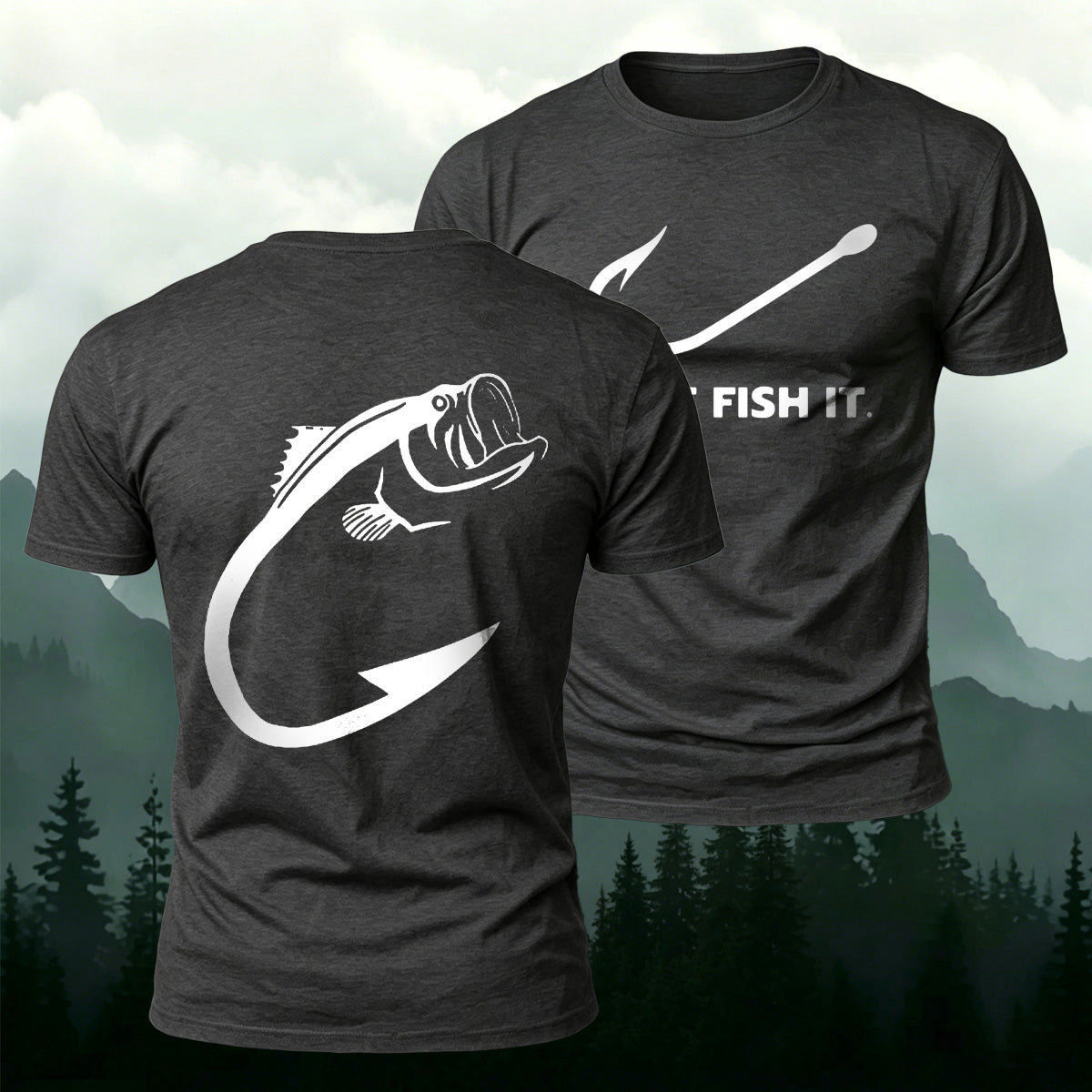 Fish and Hook Pattern Outdoor Style Casual T-Shirt Dark Grey