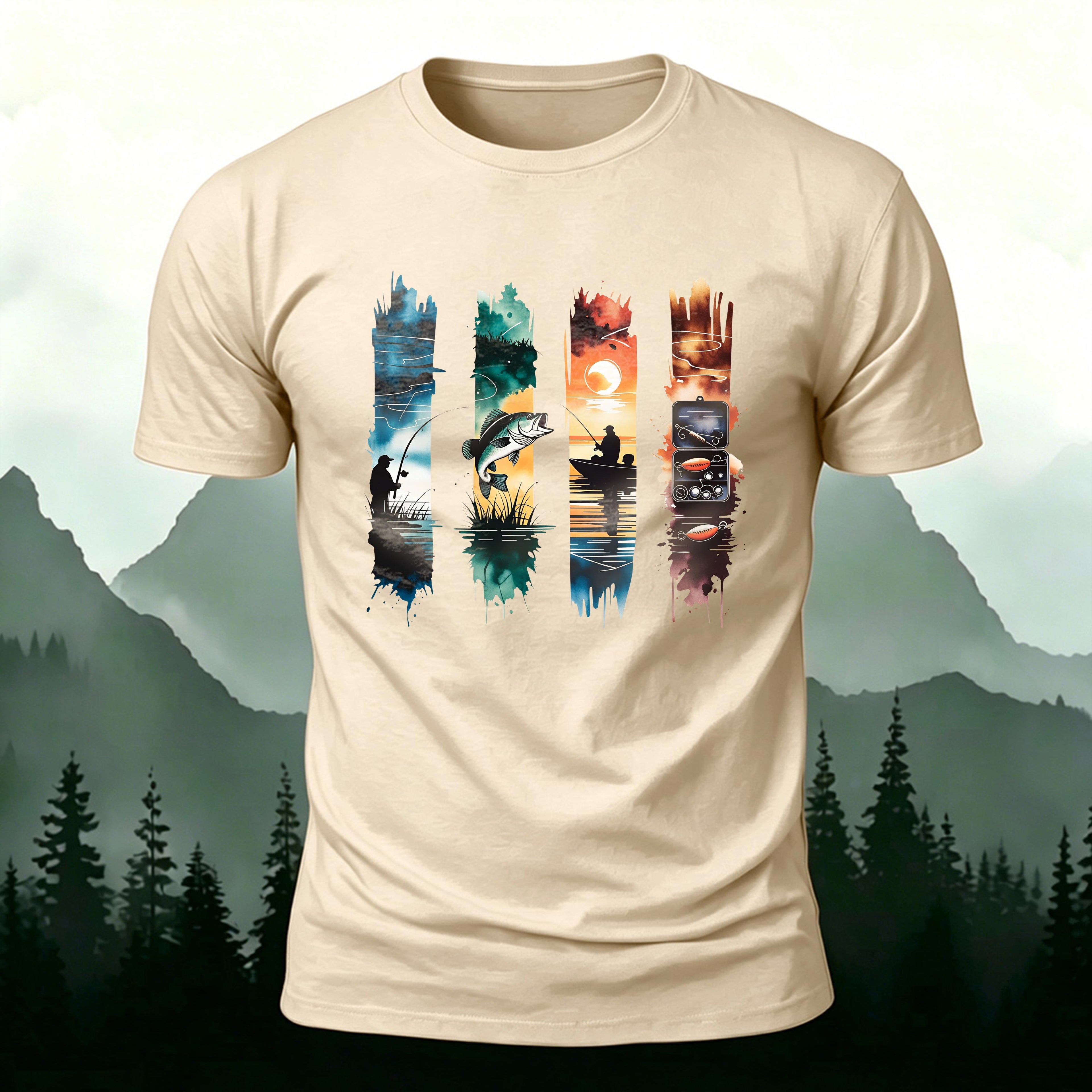 Outdoor Fishing Print Natural Style Skin-Friendly T-Shirt Beige