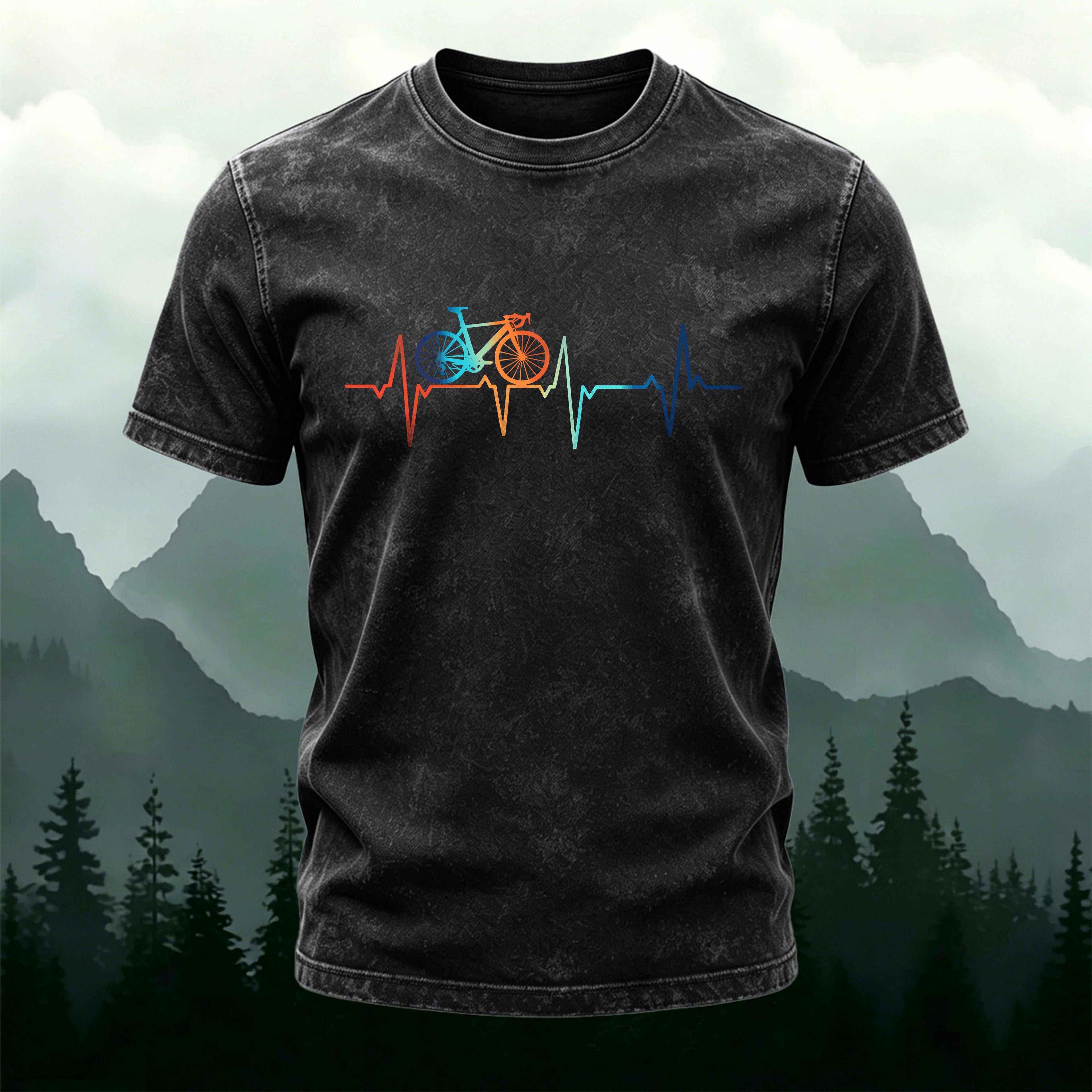 Cycling-themed Colorful ECG Wave Print Washed Cotton T-Shirt