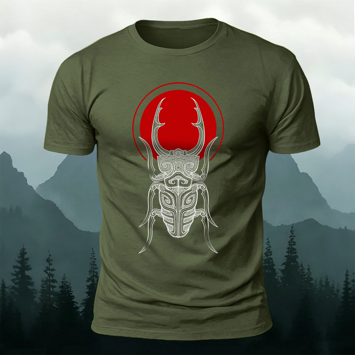 Retro Sketched Beetle Print Outdoor Comfort Cotton T-Shirt