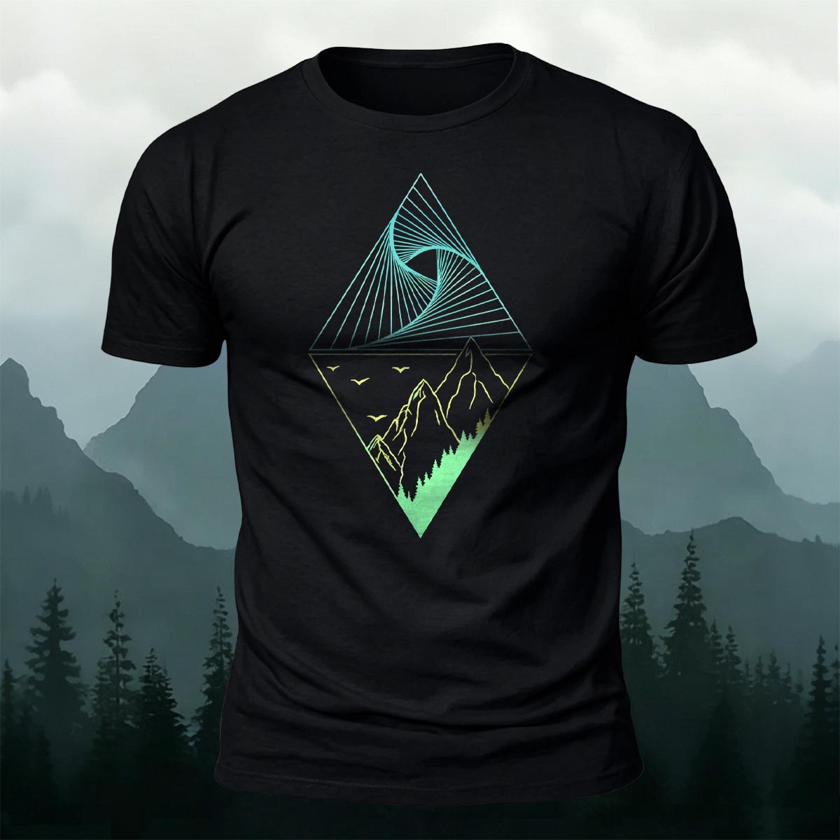 Mountain Geometric Pattern Casual 100% Cotton T-Shirt